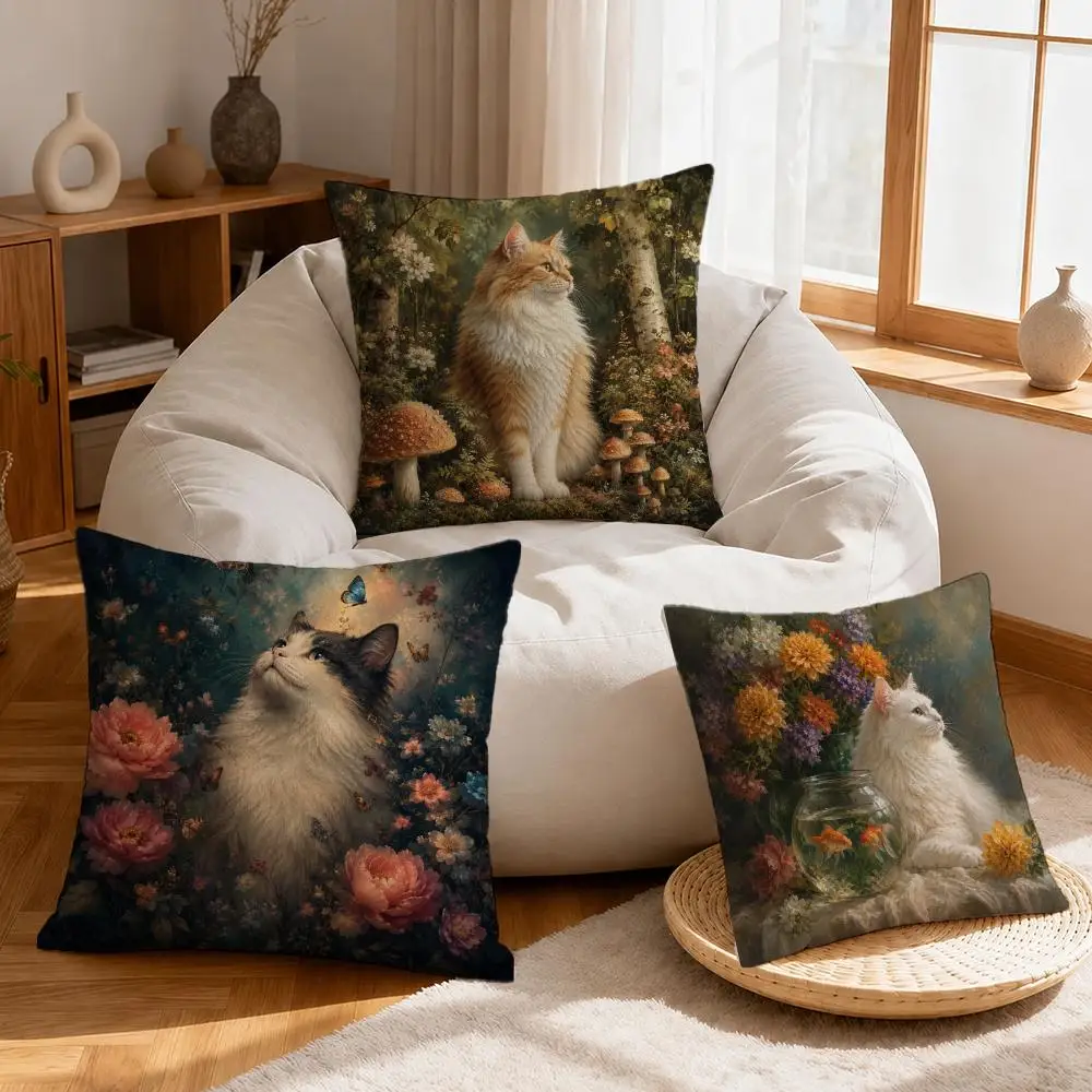 Art Leisure Cat Art Cushion Cover Linen Anti-Mite Antibacterial Cushion Cover Invisible Zipper Sofa Decor