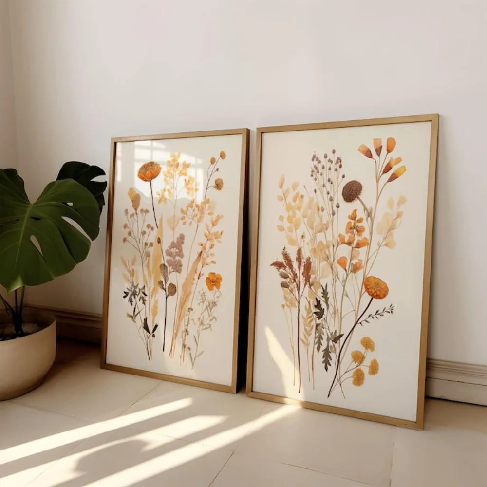 2PCS Large-sized frameless canvas paintings,2pcs Frameless Burnt Orange Bohemian Wall Art,70s Floral Printable Retro Dried Flowe