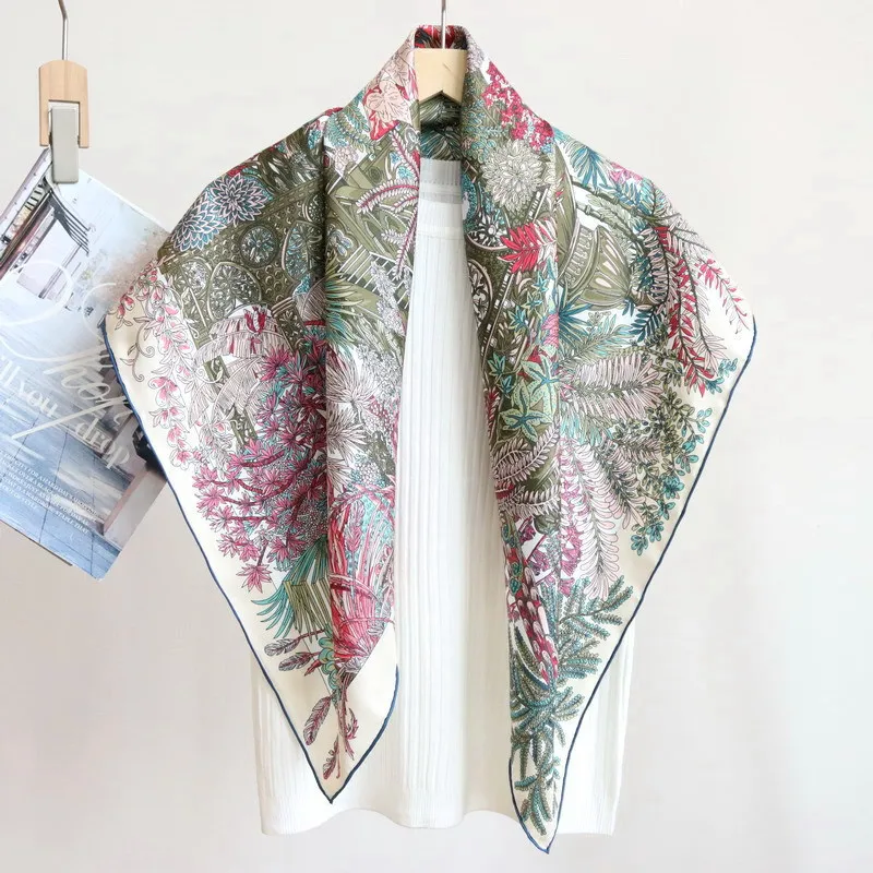 High-end Elegant Women's Exquisite Sintra Garden Print Quality 14MM Twill Silk Hand-rolled Edge Large Square Scarf Shawl