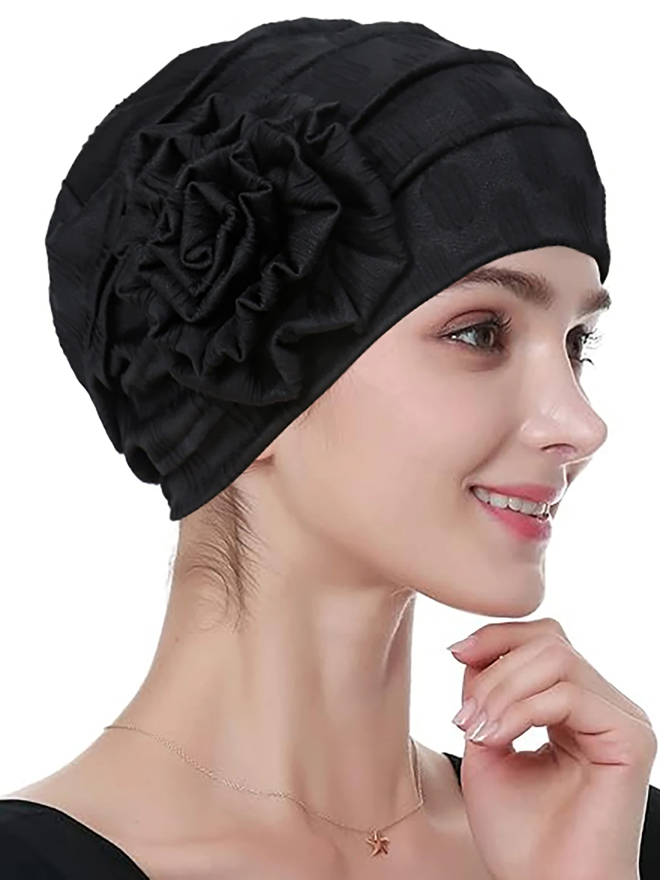 Fashionable Women\'s Solid Color Hijab Muslim Ladies Turban Bonnet Flower Decor Ramadan Head Wrap Head Scarf Indian Hats