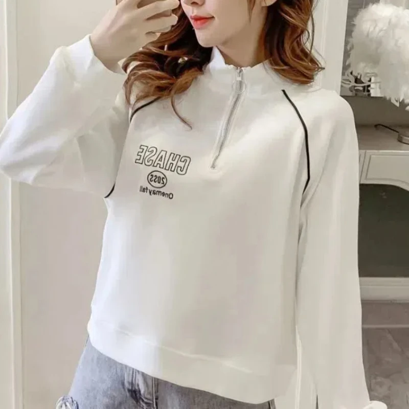 New Spring and Autumn Women\'s Solid Color Stand Collar Long Sleeve Loose Korean Zipper Short Pullovers Trendy Casual Tops