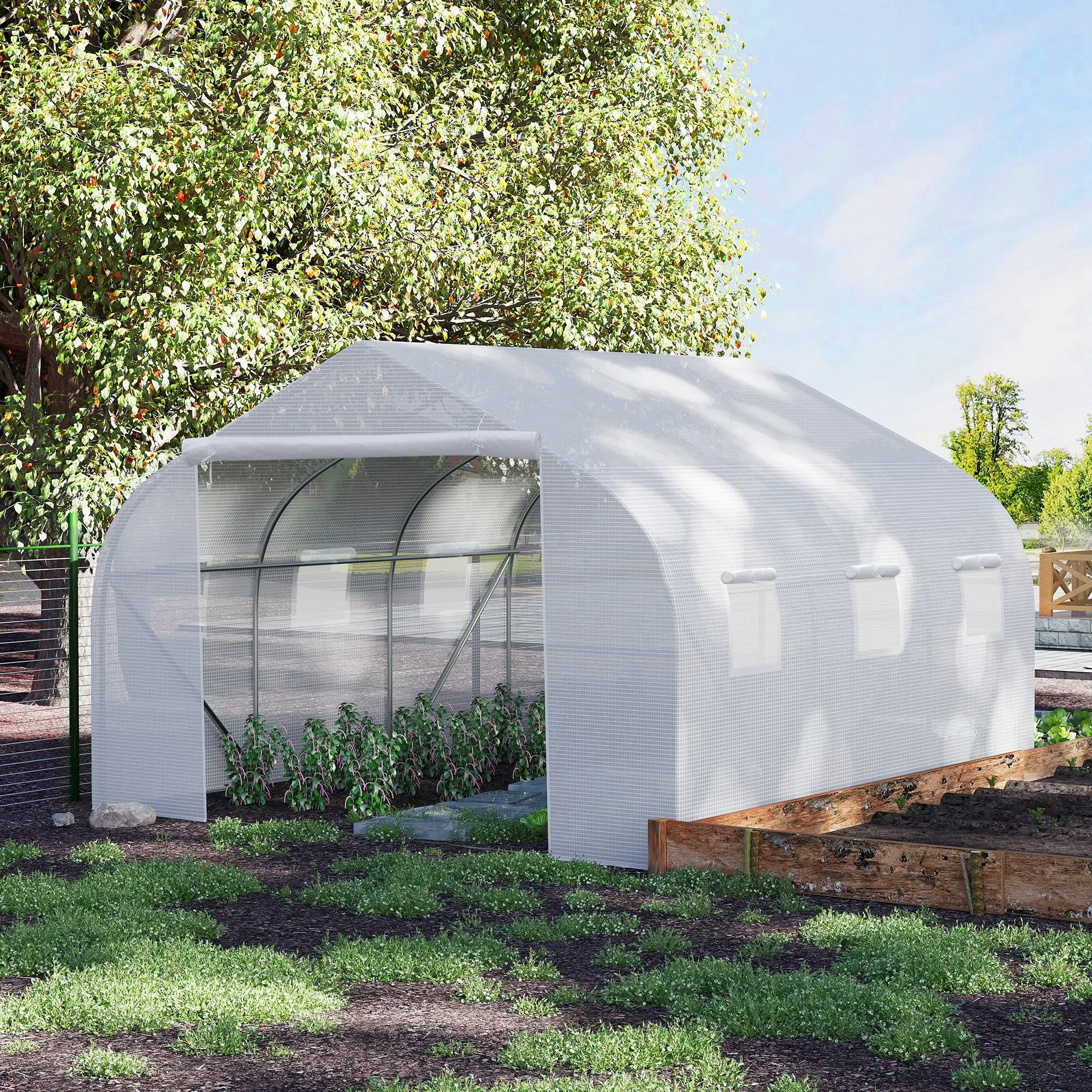 11.5x10x6.5ft Outdoor Walk-in Greenhouse, Tunnel with Roll-up Windows, Zippered Door, PE Cover & Heavy Duty Frame, White