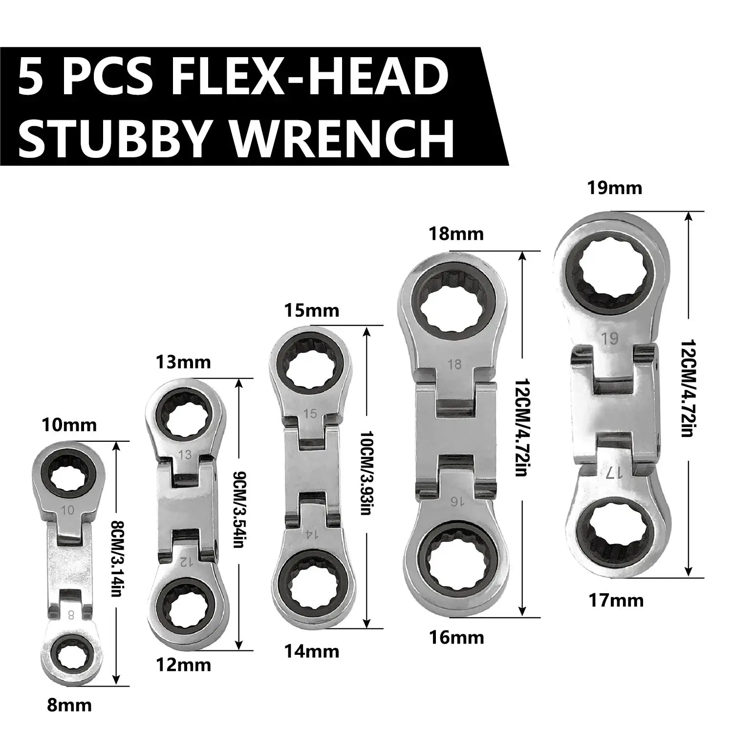 Stubby Metric Combination Wrench Set & 5pcs Dual Flex Head Ratcheting Wrench Set & Double Box End & Flex-Head
