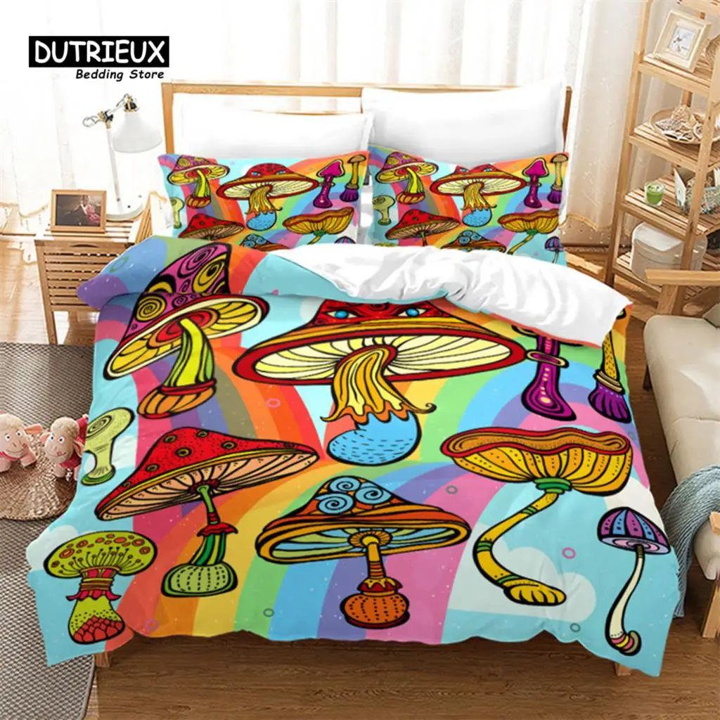 

Mushroom Duvet Cover Colorful Cute Cartoon Bedding Set Twin Full King For Teen Boys Girl Kids Kawaii Botanical Plant Quilt Cover