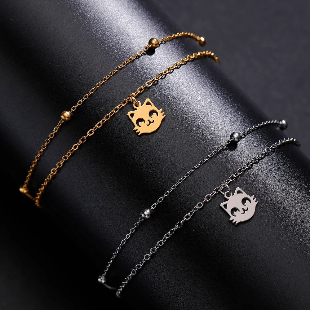 Cazador Cute Cat Kitten Head Bracelet for Women Stainless Steel Animal Double Chain Bracelet on Hand Jewelry Gift Wholesale 2025