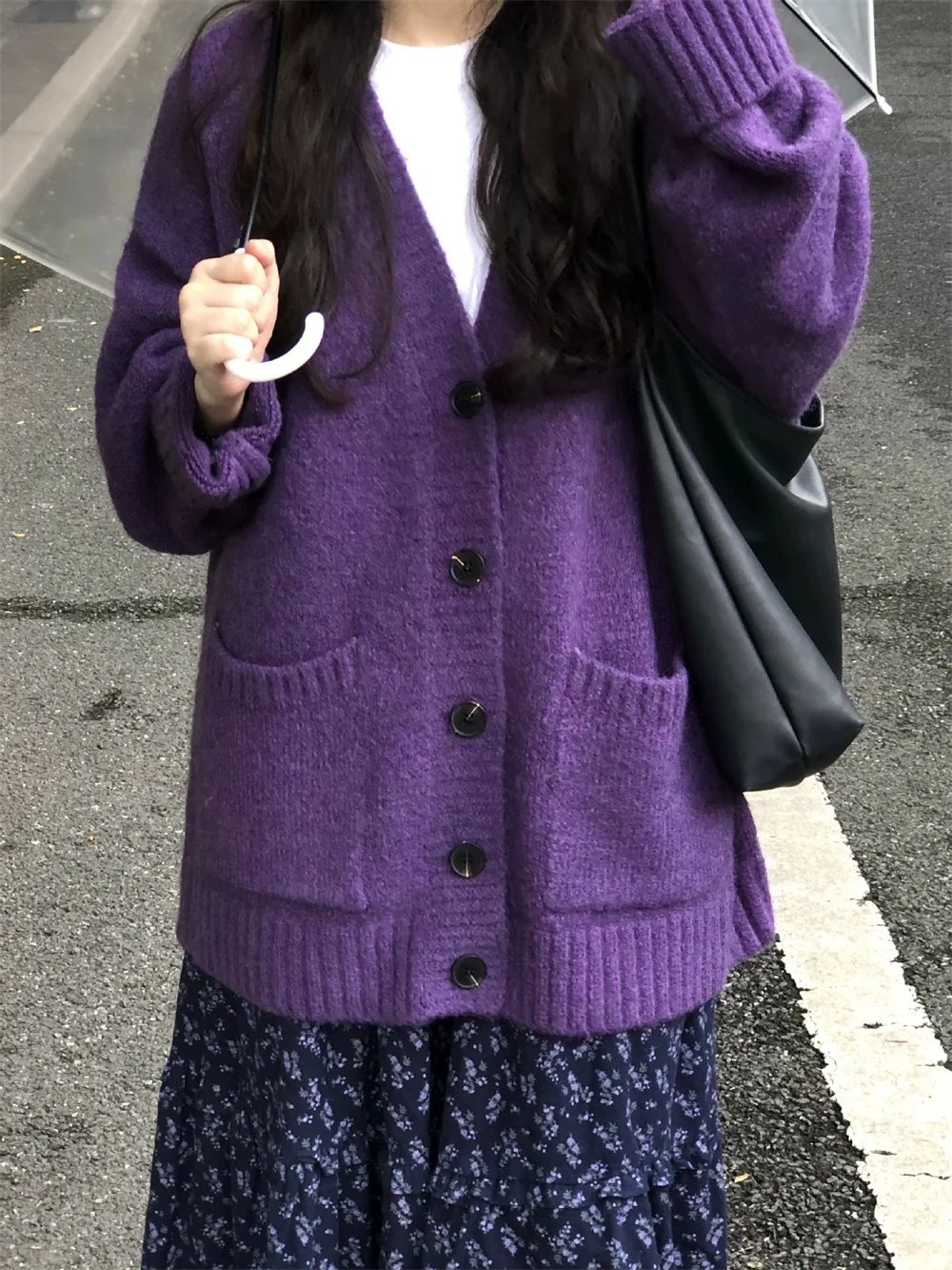 Women Knitted Cardigan 2026 Autumn Winter Women's Cardigan Purple V Neck Soft Oversized Sweater Casual Knit Outerwear Basic Tops