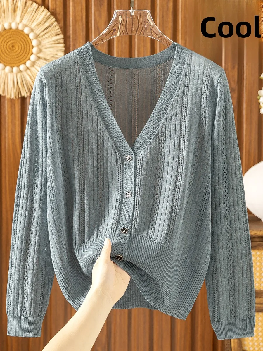 Cienka dzianinowa bluzka z jedwabiu lodowego damska letnia z dekoltem w serek chroniąca przed słońcem długi rękaw klimatyzacja lub otwarty kardigan odzież wierzchnia Hollo...