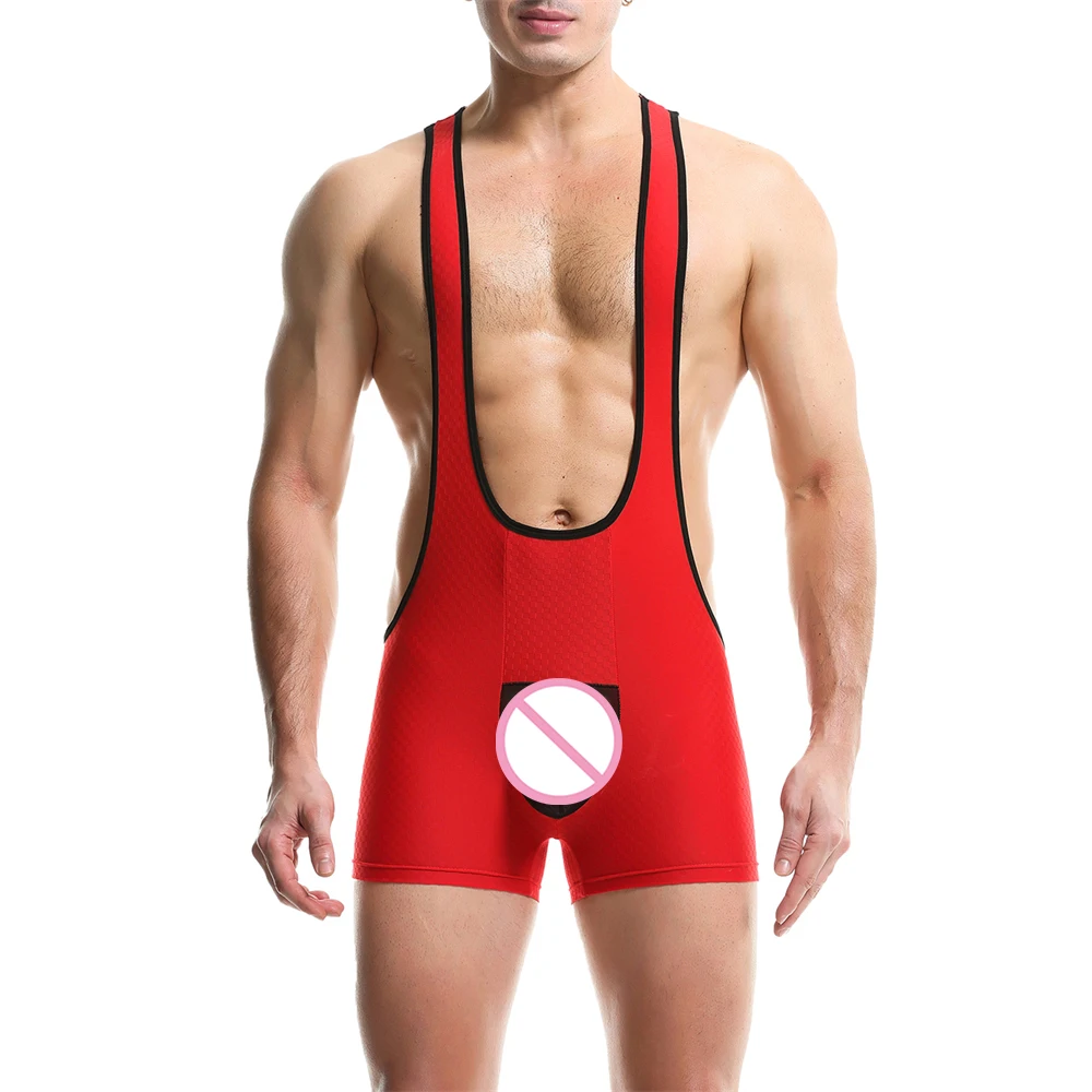 Men Undershirts Sexy U-Shape Wrestling Singlet Gay Jockstrap Bodysuit Bodybuilding Jumpsuit Shorts Underwear Sheer Pouch Leotard