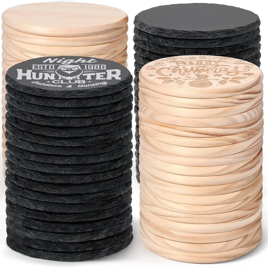 

PCS Coasters for Laser Engraving, 4 Inch 36 PCS Black Slate Stone Drink Coasters Bulk, 36 PCS Wood, Engravable Blanks Material f