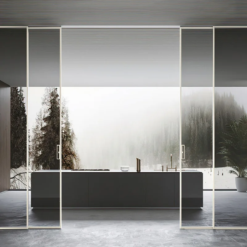 Modern Minimalist Kitchen Balcony Three Linkage Ground Rail Sliding Door Aluminum Alloy Partition Tempered Glass Sliding Door