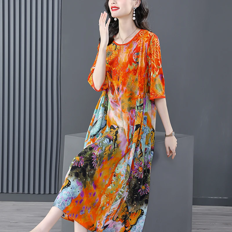 Women Floral Mulberry Silk Midi Dress Spring Summer Elegant Loose Waist Plus Size Dress 2024 Korean Vintage Casual Party Dresses