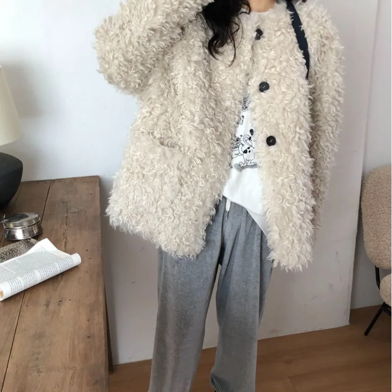 Autumn Winter Korean Style Women's Warm Cotton Coat round Neck Single Button Outerwear Casual Straight Cut Long Sleeve Polyester