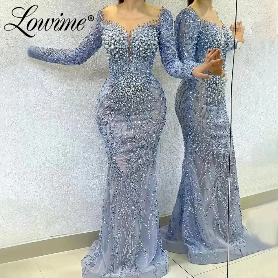 

Lowime Customized Elegant Long Sleeves Blue Evening Dress for Women Beaded Pearls Prom Gown Arabic Birthday Wedding Party Dress