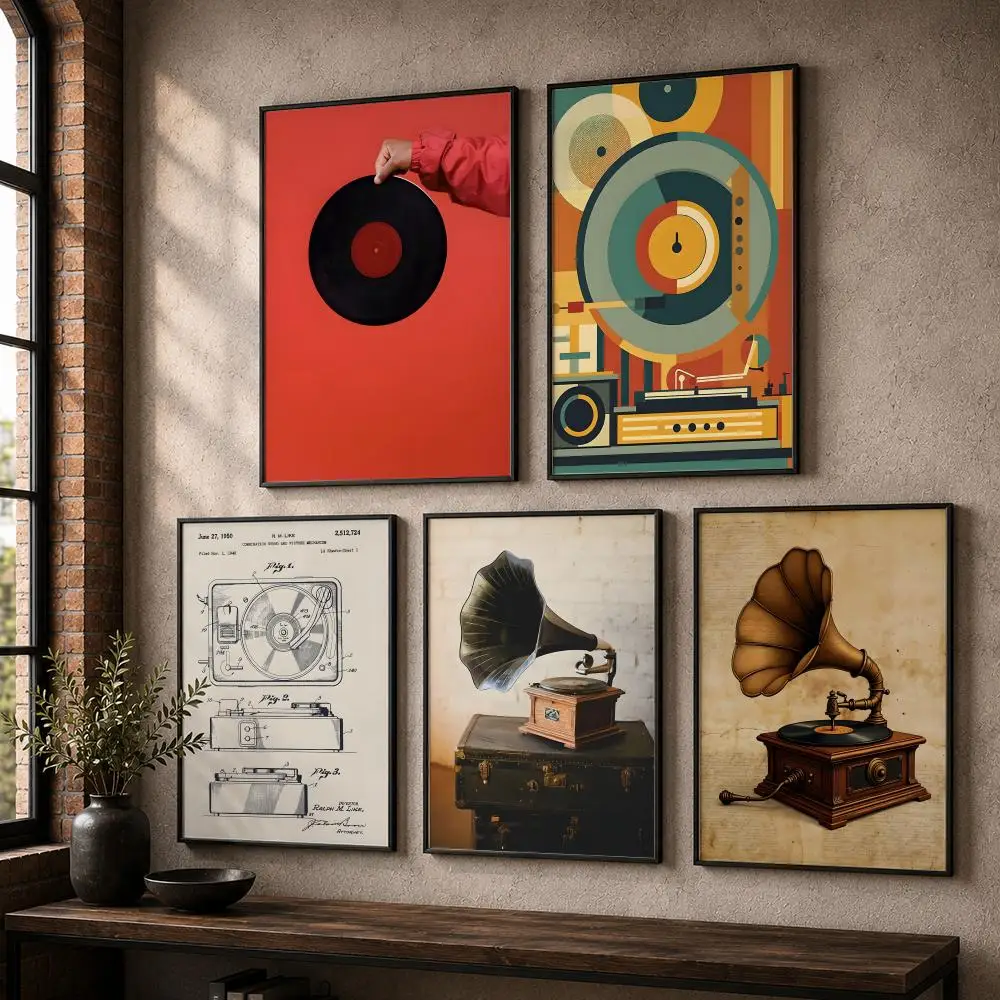 Music Theme Record Player Painting Calligraphy Canvas Posters Wall Art for Home/Office/Dorm/Living/Bedroom
