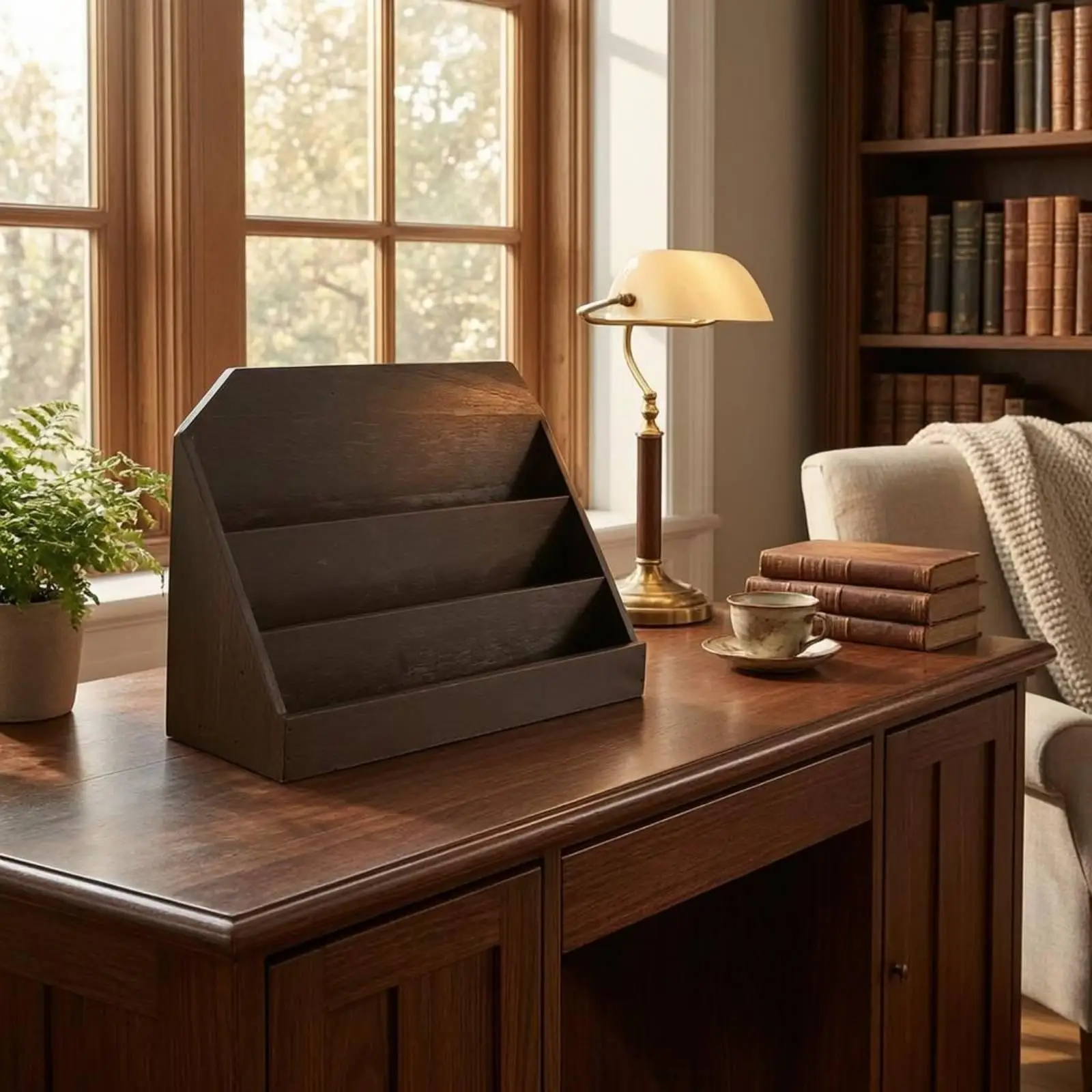 Wooden Magazine Rack Open Top Three-Tier Document Rack Vintage Style Slanted Desk Organizer Dark