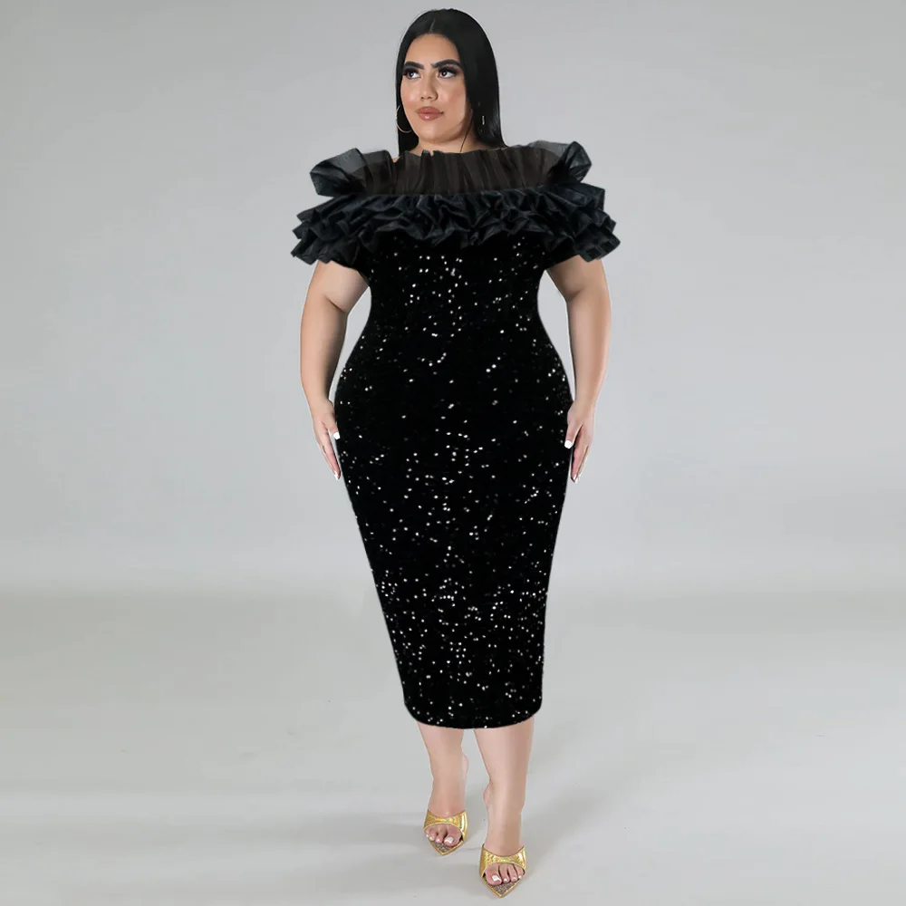 Black Sequin  Party Dress Ruffles Mesh Splicing Cub Slash Neck Short Sleeves Plus Size Women Dresses Real Picture