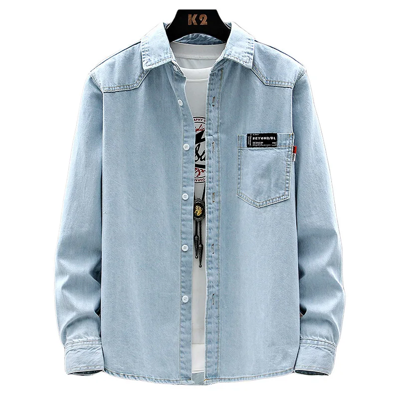 

Мужская джинсовая рубашка с длинным рукавом в корейском стиле, модная молодежная верхняя одежда, повседневный крой, однотонная, весна-осень, новинка