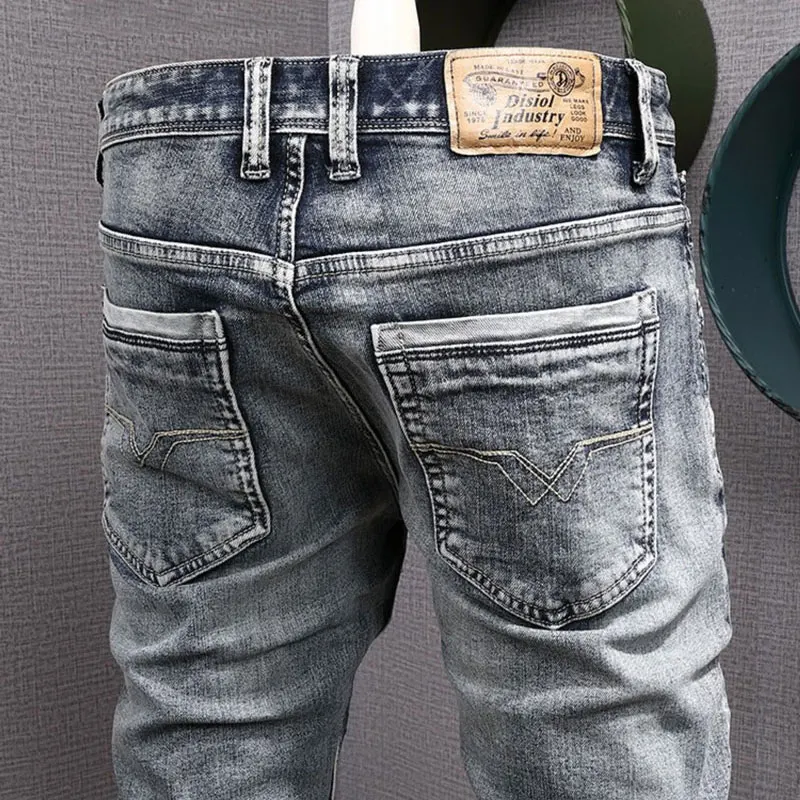 Italian Style Fashion Men Jeans Retro Washed Blue Elastic Slim Fit Ripped Jeans Men High Quality Vintage Designer Denim Pants