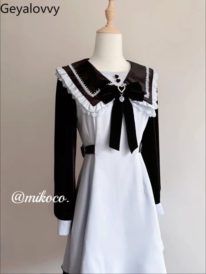 

Japanese Original Cute Mass-produced Mine Splicing Water Color Purple Bow Dress Sweet Girls Slim-fitting Long-sleeved Dresses