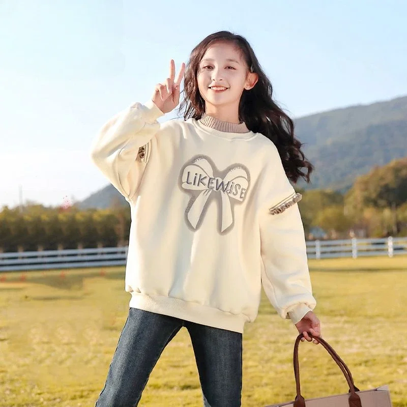 

Girls' Sweater Spring Autumn and Winter 2023 New the Big Kids Fleece-lined One-Piece Top