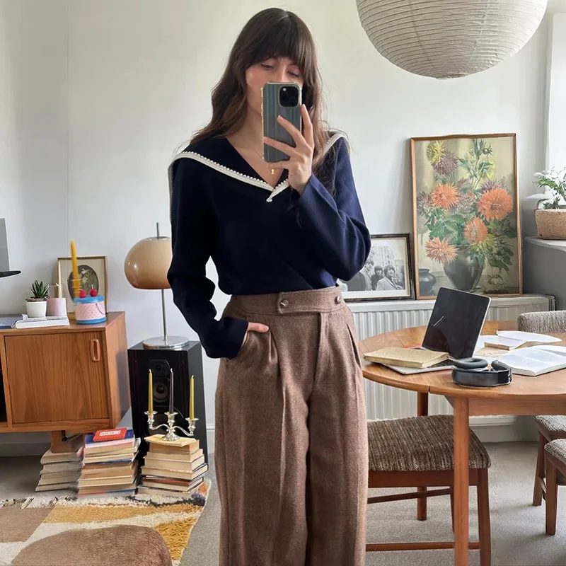 

【Gift Free】Autumn Winter Minimalist Navy Style Color-Trim Lapel Slim-Fit Pullover Sweater for Women