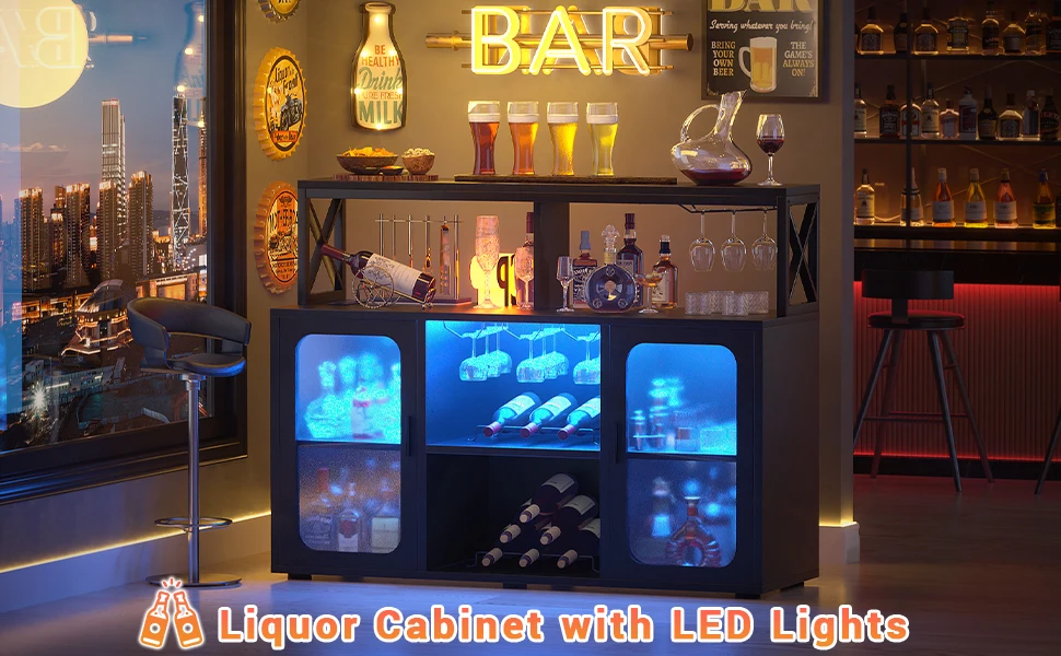 Aheaplus Black Bar Cabinet with Power Outlets LED Lights & Glass Holder - Storage Buffet Coffee Bar for Liquor Wine Racks for Home Kitchen image 9