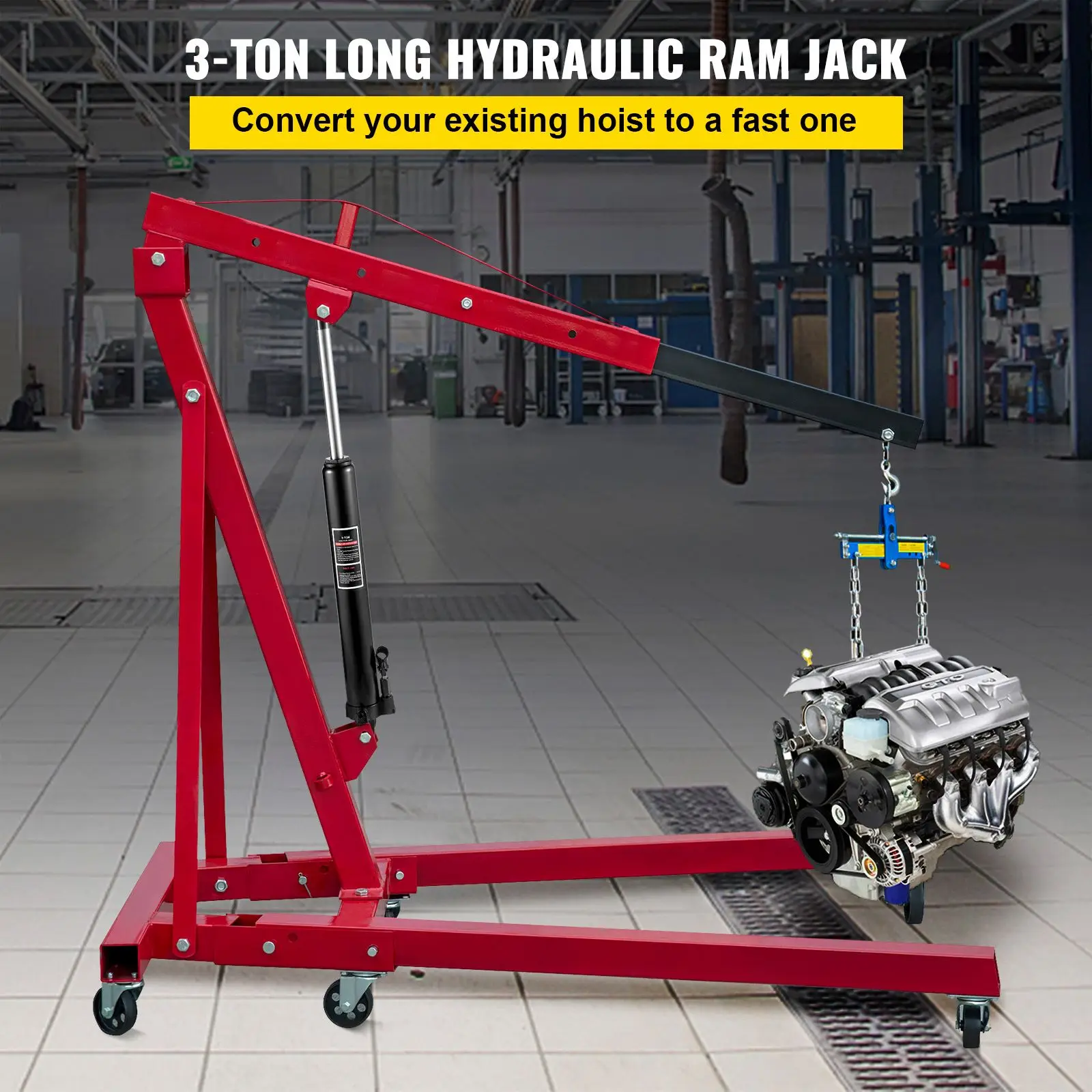 Hydraulic Long Ram Jack, 3 Tons/6600 lbs Capacity, with Single Piston Pump and Clevis Base, Manual Cherry Picker Handle, for