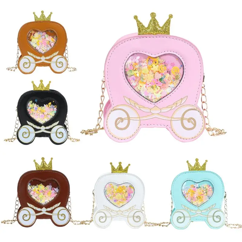 

New PU Cute Crown Princess Chain Shoulder Bag with Sparkling Pumpkin Carriage Crossbody Bag Accessories Wallet