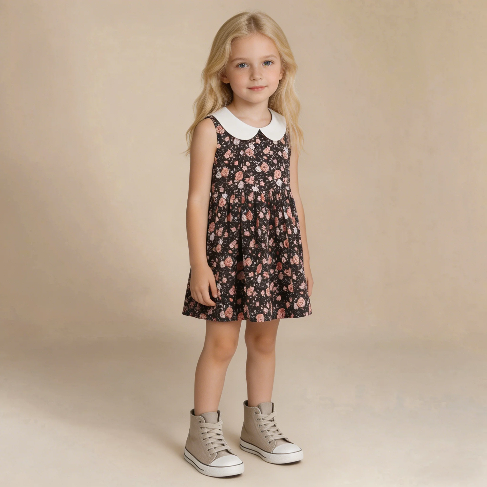 

2-7 Years Girls Vestidos Flower Print Summer Smocked Dresses Kid Vintage Dress Child Sleeveless Peter Pan Collar Daily Clothes