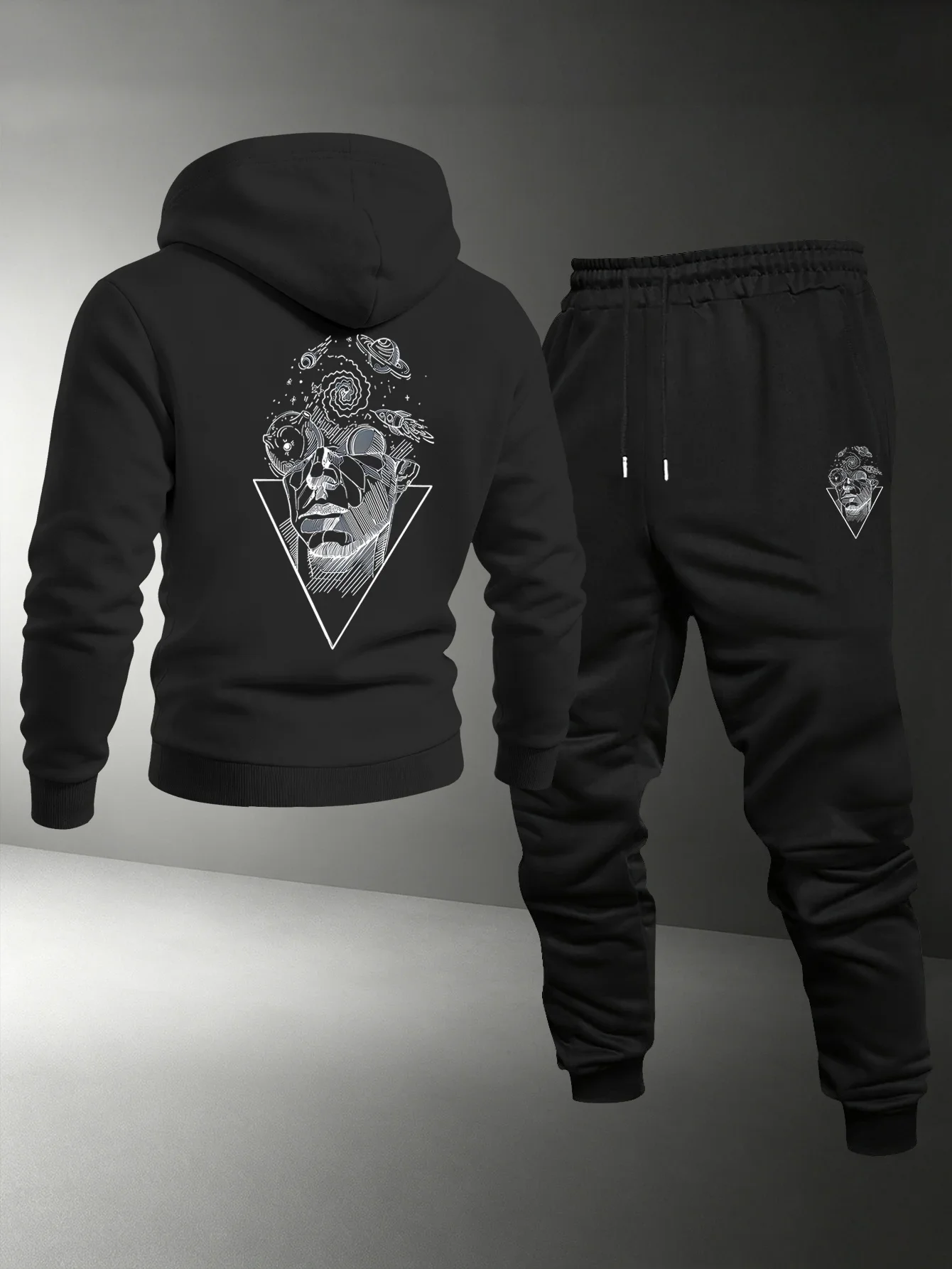 2026 Autumn Winter Skull Printed Creative Letter Men's Long Sleeved Round Neck Comfortable Sweatshirt Casual Clothing Suit