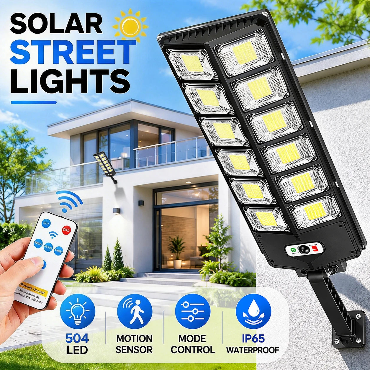 504LED Solar Street Light, Motion Sensor 3Modes Dusk to Dawn Outdoor Security Flood Light Waterproof for Garden Yard Path Garage