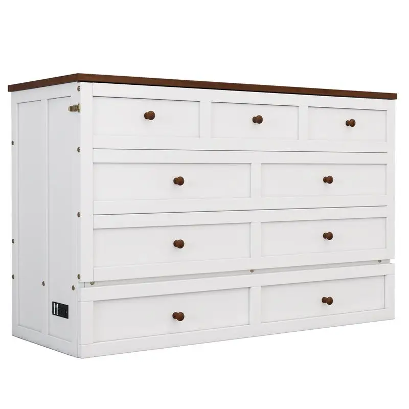 خزانة سرير ميرفي من الصنوبر الصلب مع قاعدة شحن ودرج تخزين كبير للمكتب المنزلي أو مساحة صغيرة، بالحجم الكامل، أبيض و