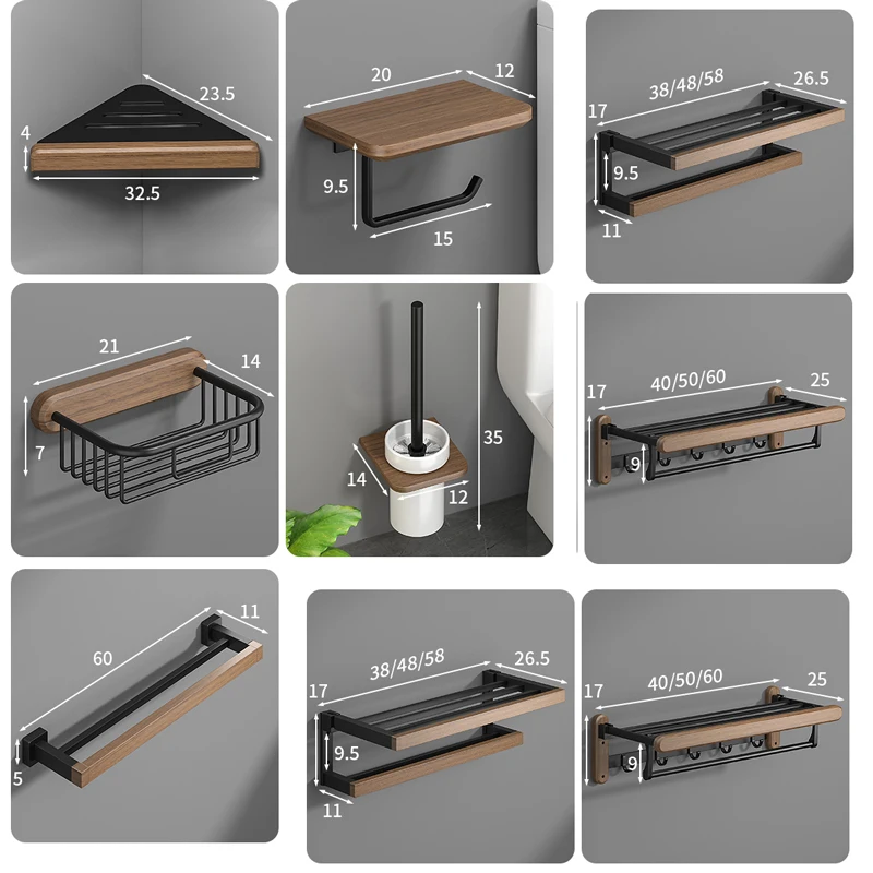 Bathroom Hardware shelf Black Wood Bath Accessories Wall Mounted Towel Rack,Towel Bar,Toilet Brush,Towel Hooks,Paper Holder