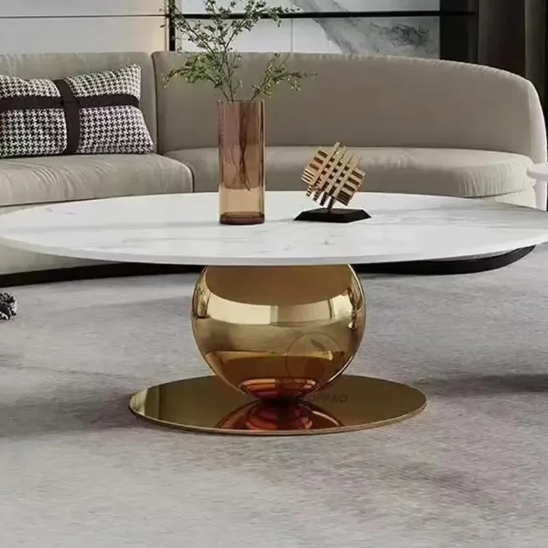 Luxury Stainless Steel Coffee Table Set High Low Combination Marble Rock Slab Edge Metal Round Tea Table for Living Room Sofa