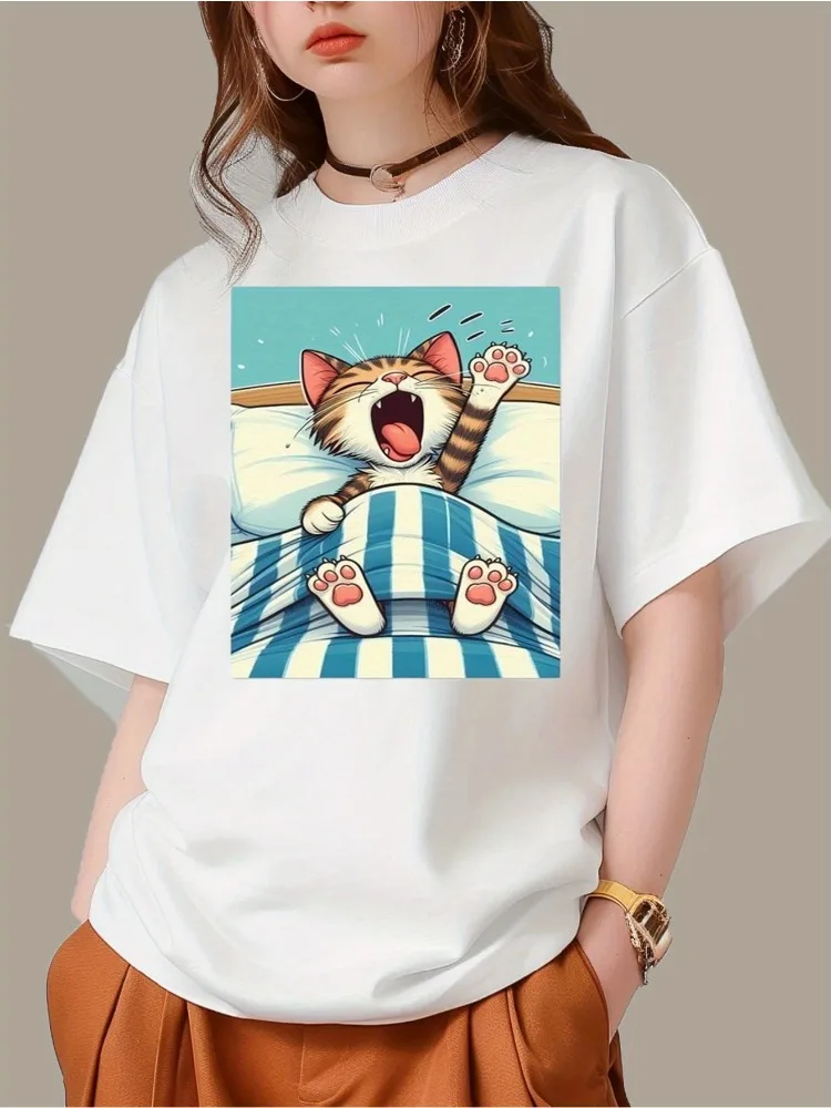Camiseta con estampado de gato negro para mujerTop de algodón puro de manga corta con cuello redondo camisa informal de
