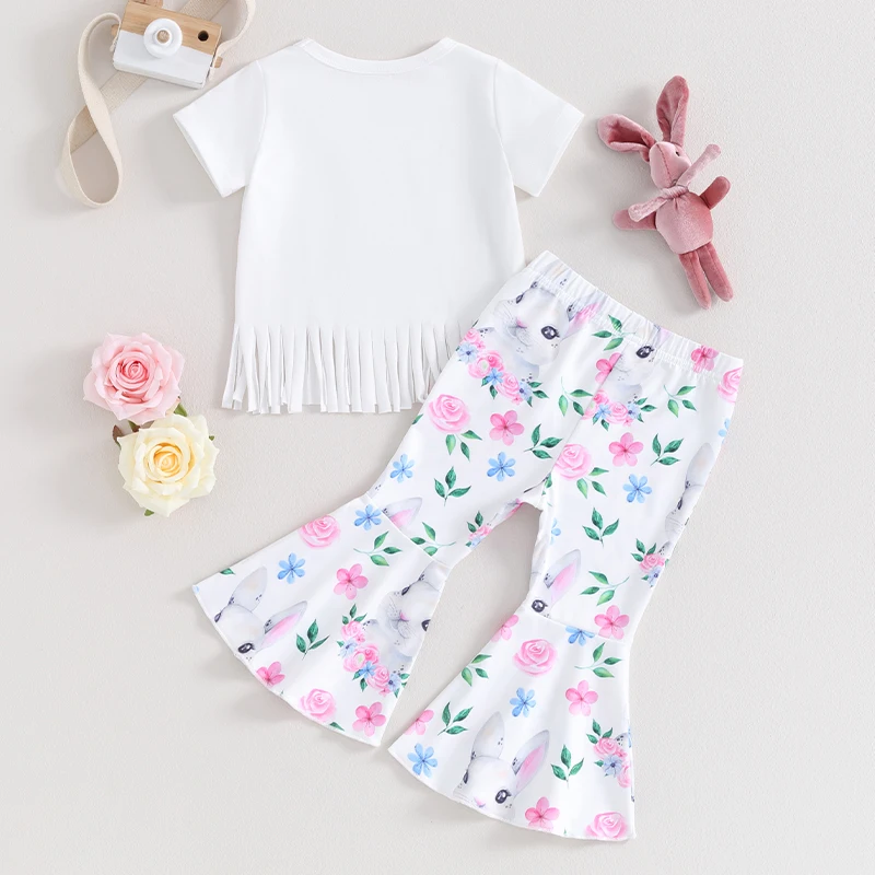 My First Easter baju bayi perempuan, Set bandana celana Bell Bottoms cetak bunga kelinci lengan pendek