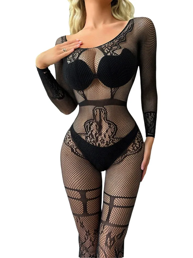 

Lingerie Fashion Mesh Clothing Sexy Fishing Net Mature Charm Elegant Gentle Jumpsuit Long Sleeved Backless Tight Jumpsuit B0WG
