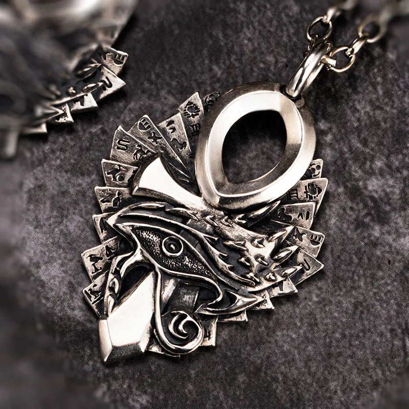 Horus Eye S925 Sterling Silver Necklace  Ankh Cross Pendant with Ancient Runes Fashion Jewelry