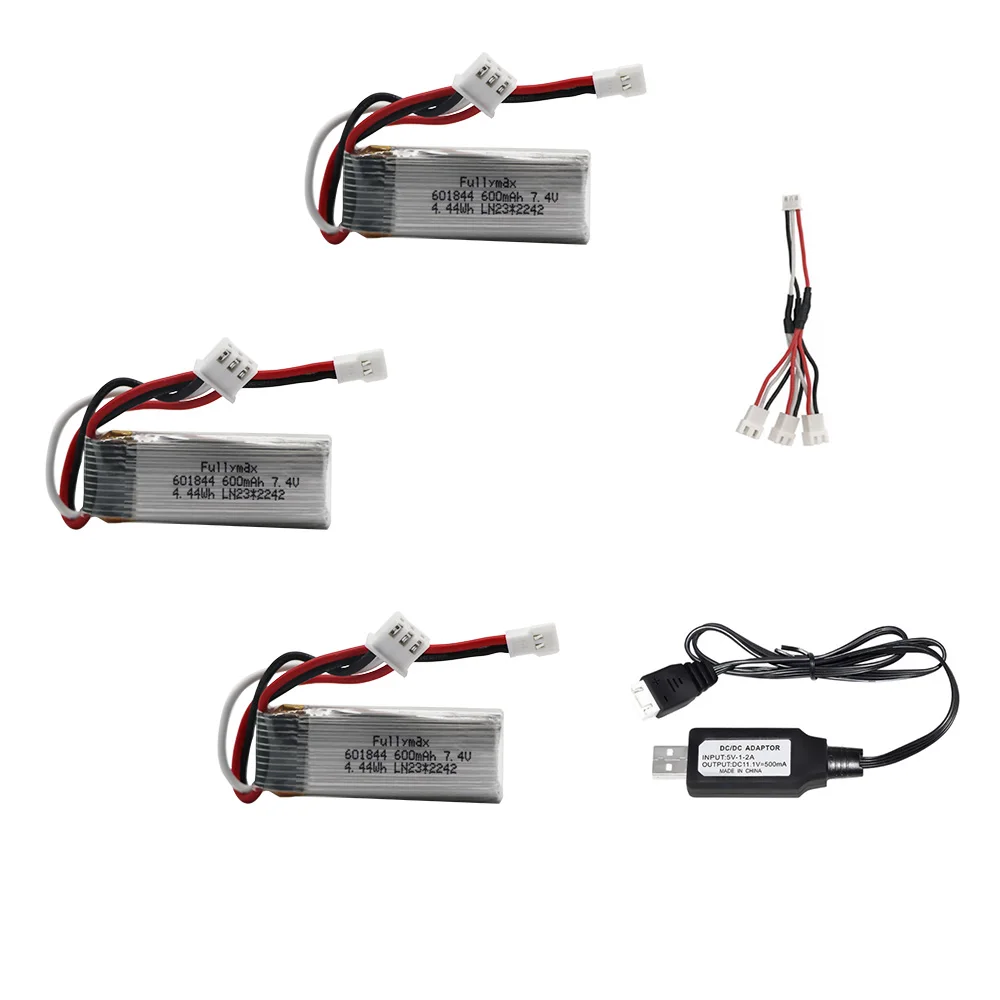 7.4V 600mAh 601844 Lipo Battery with USB charger for WLtoys F959 XK DHC-2 A600 A700 A800 A430 RC Car Parts 7.4v Battery 20C 2S