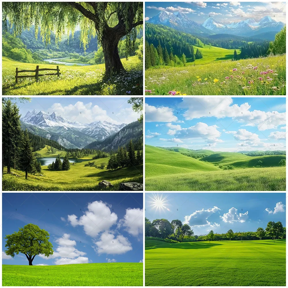 

Sunny Meadow Theme Party Decorations Background Vibrant Green Mountain Scenery Portrait Photography Studio Props Banner Supplies