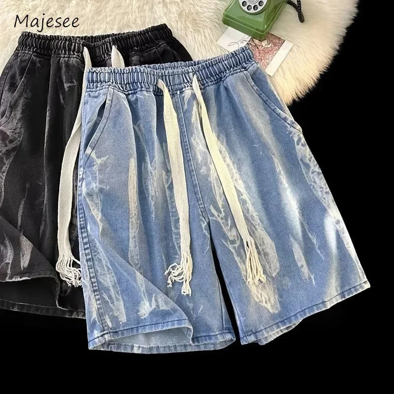 

Jeans Men American Style High Street Denim Trousers Loose Tie-Dye Washed Knee Length All-match Chic Summer Vintage College New