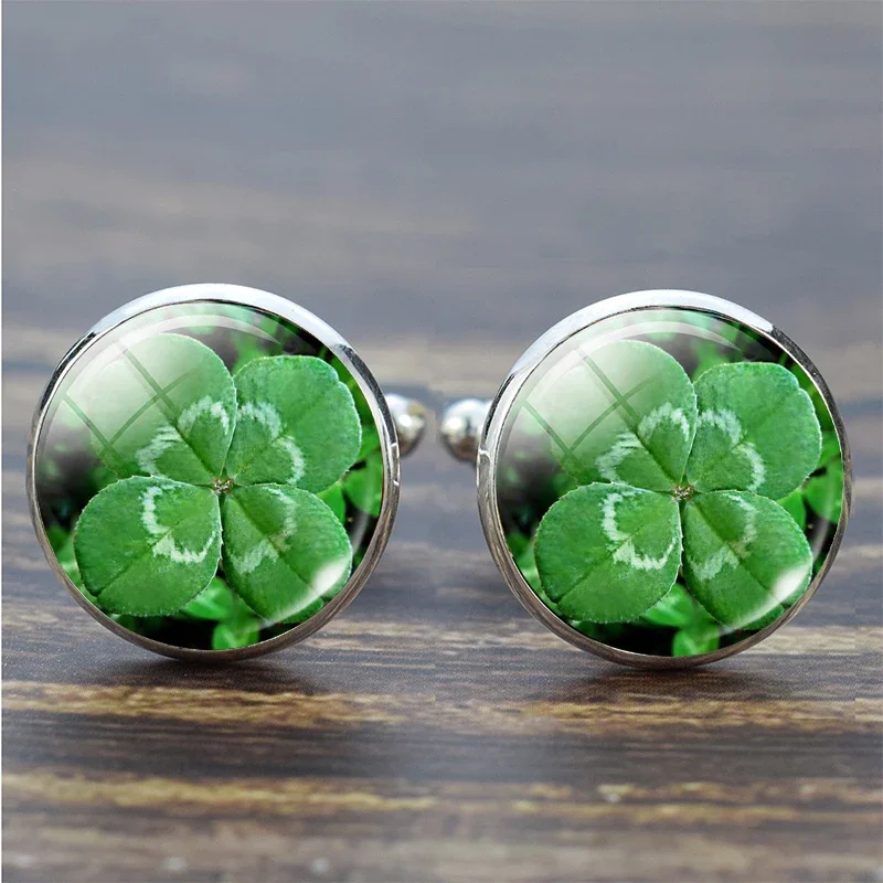 Four Leaf Clover Ireland Green Lucky Glass Alloy Cufflinks Irish Suit Cuff Links Men Shirt Accessories St Patricks Day Gift