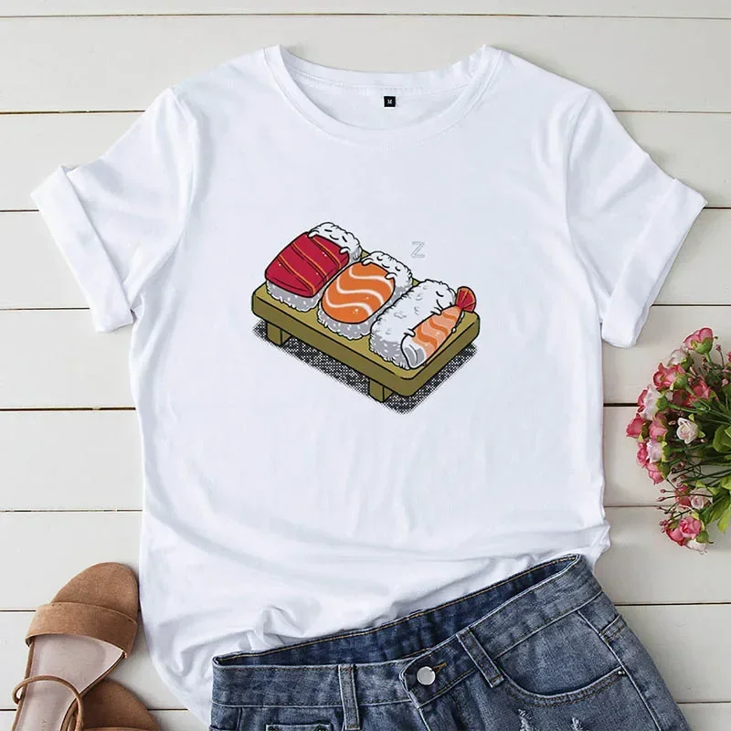 Verão nova adorável sushi impressão senhoras camiseta feminina casual base em torno do pescoço camisa branca de manga curta roupas femininas