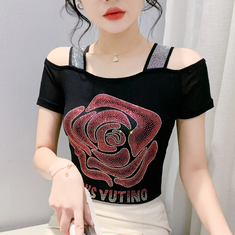 

M-3XL Streetwear Girl Clothes Summer Hot Diamonds T-Shirt Women Sexy Off Shoulder Slim Mesh Tops Chic Luxury Flower Tees