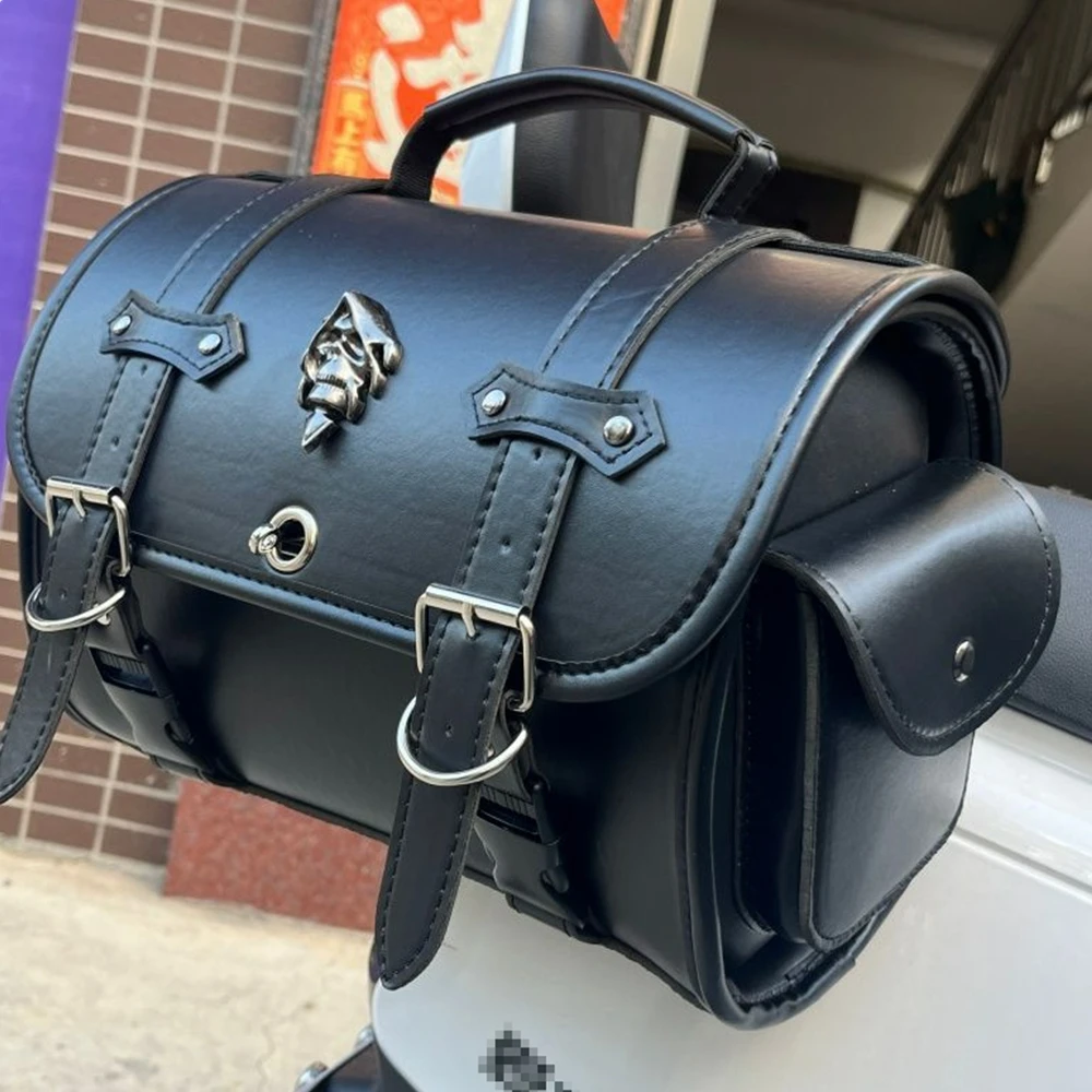 Universal Retro Motorcycle Rear Seat Bag PU Leather Skull Monster Pattern Knight Password Lock Tail Storage Bag