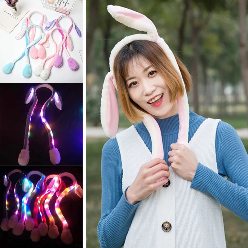 Cute Glow Rabbit Ear Hat Headband Sweet Can Moving Bunny Ears Plush Toy Hair Hoop Party Photo Props Headwear Gift