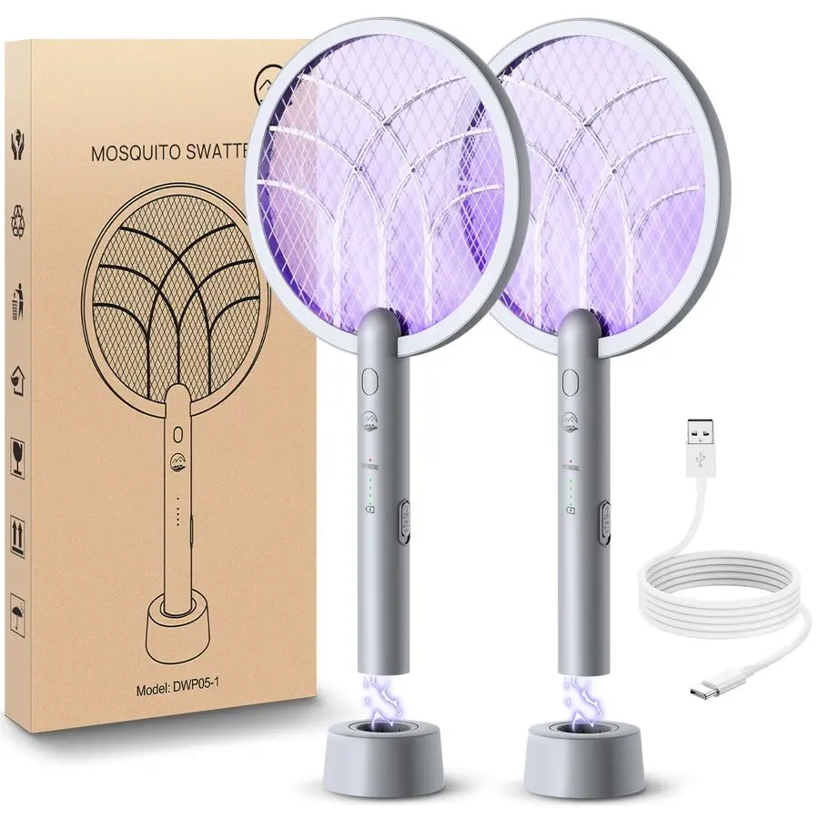

Electric Fly Swatter Racket, 2 in 1 Smart Bug Zapper Power Take Off Generators with USB Rechargeable Base, Powerful Mosquitoes