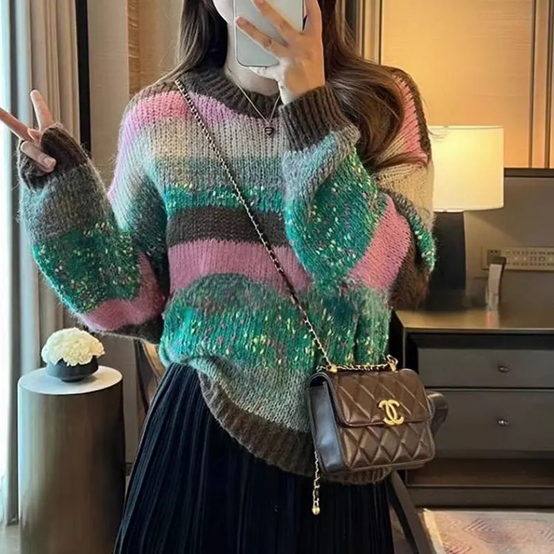 Stylish Casual Color Striped Jumpers Patchwork Women\'s Clothing Korean Loose Round Neck Autumn Winter Commute Knitted Sweaters