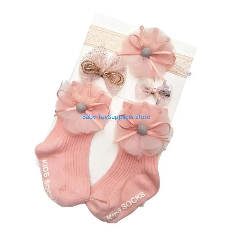 

R1WF 1Set Flower Lace Soft Cotton Socks+Headband+Hairpins Gift Box Headwear Hair Band