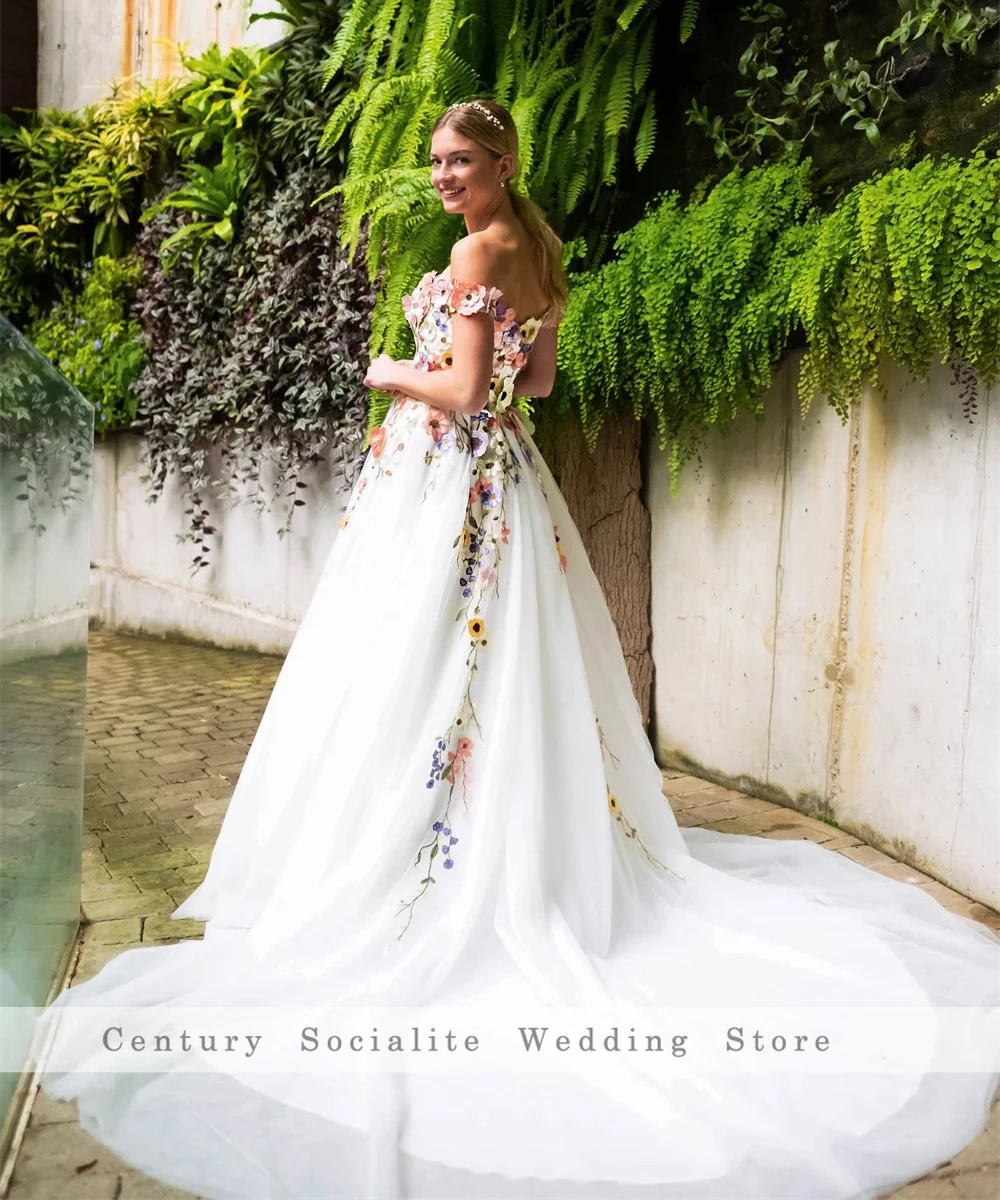 Abiti da sposa floreali in pizzo ricamato colorato con spalle scoperte Tulle Foresta Woodland Boho Abiti da sposa personalizzati